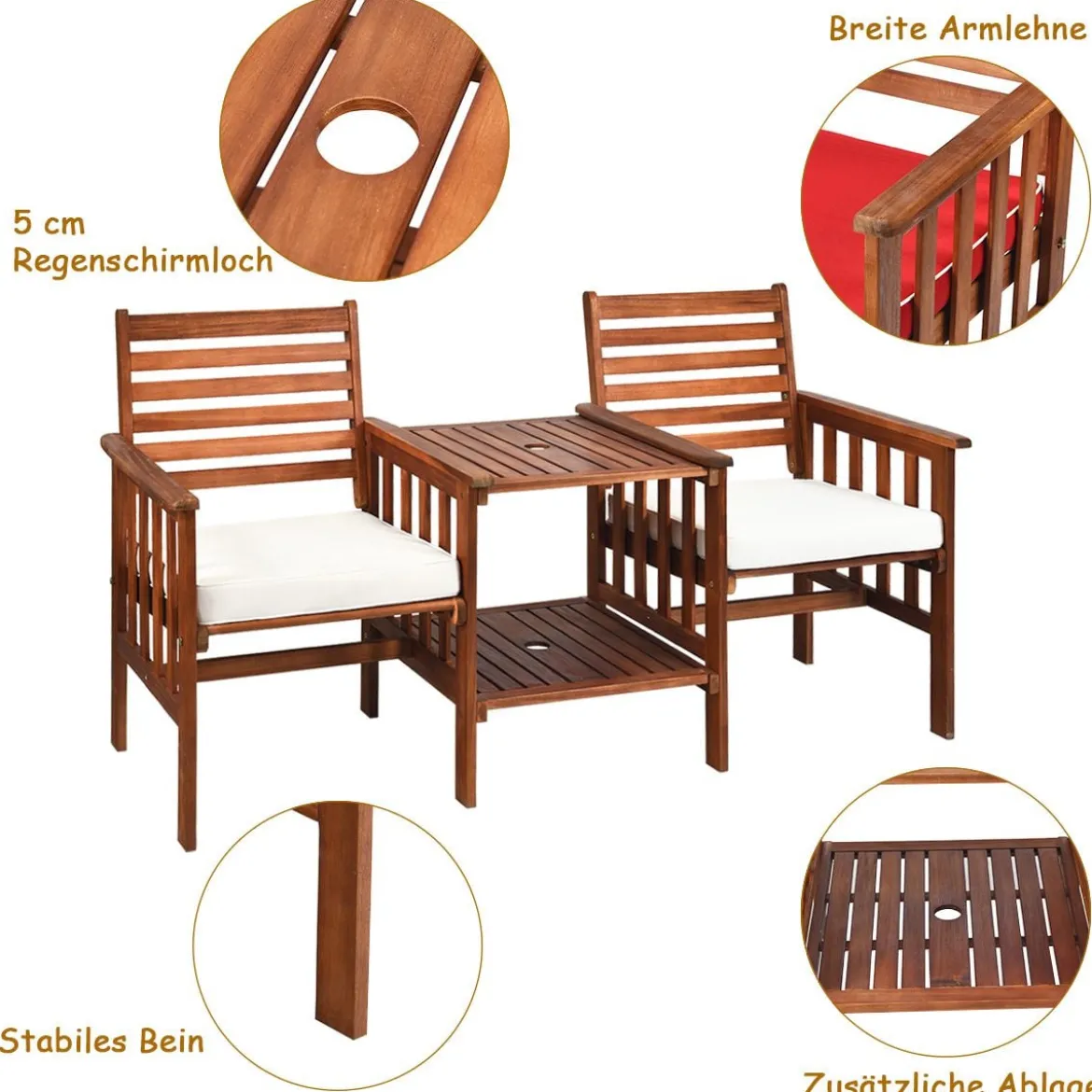 Gartenbank mit Tisch 2-Sitzer Holzbank mit Sitzkissen & Schirmloch Rot/Beige