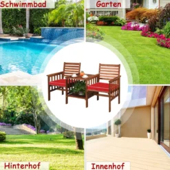 Gartenbank mit Tisch 2-Sitzer Holzbank mit Sitzkissen & Schirmloch Rot/Beige