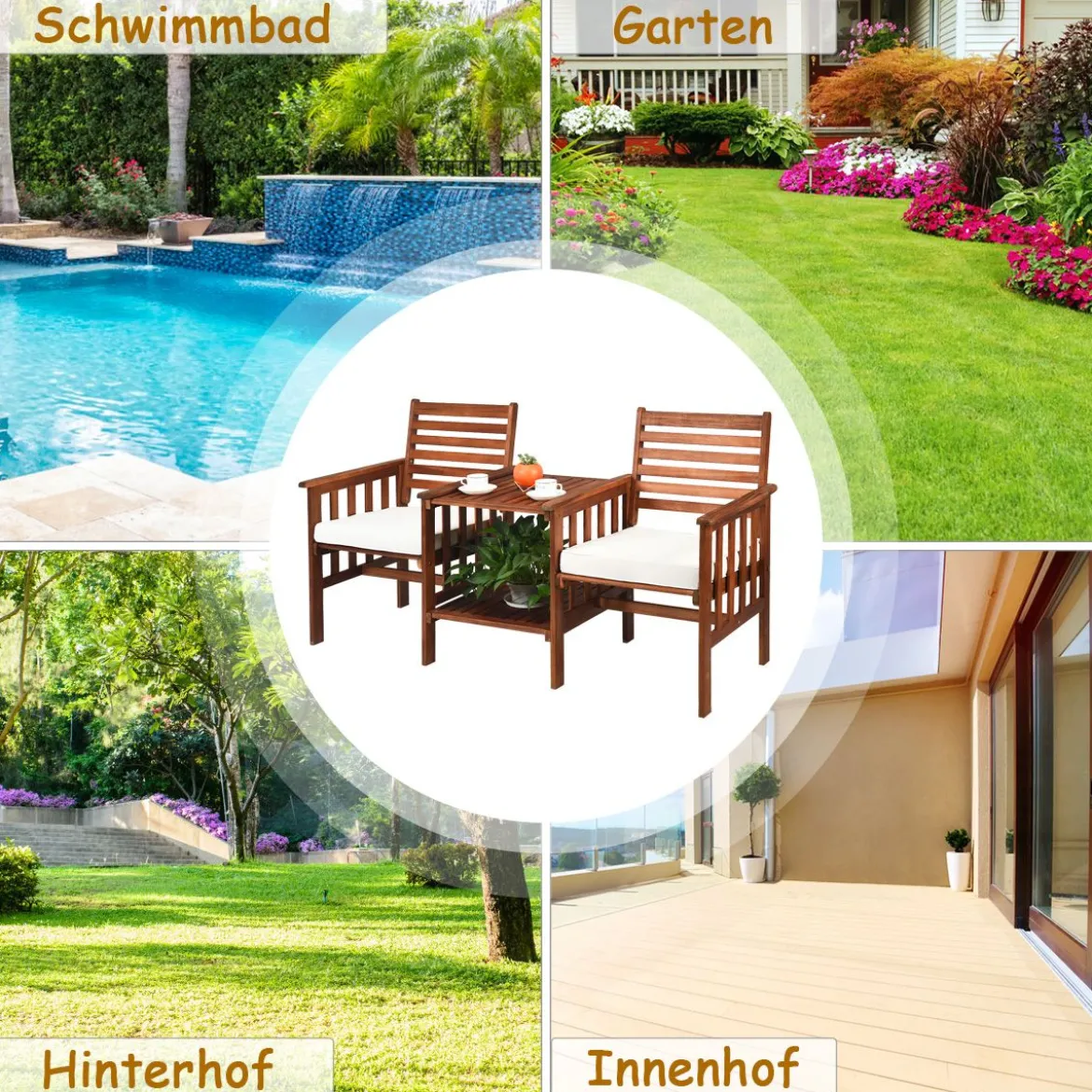 Gartenbank mit Tisch 2-Sitzer Holzbank mit Sitzkissen & Schirmloch Rot/Beige
