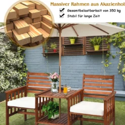 Gartenbank mit Tisch 2-Sitzer Holzbank mit Sitzkissen & Schirmloch Rot/Beige