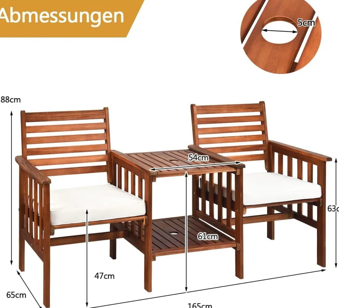 Gartenbank mit Tisch 2 Sitzer Holzbank mit Schirmloch & Sitzkissen Sitzbank Braun+Weiß