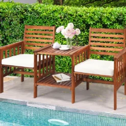 Gartenbank mit Tisch 2 Sitzer Holzbank mit Schirmloch & Sitzkissen Sitzbank Braun+Weiß