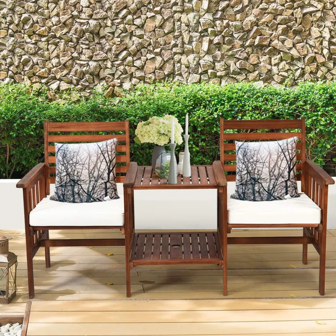 Gartenbank mit Tisch 2 Sitzer Holzbank mit Schirmloch & Sitzkissen Sitzbank Braun+Weiß