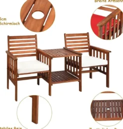 Gartenbank mit Tisch 2 Sitzer Holzbank mit Schirmloch & Sitzkissen Sitzbank Braun+Weiß