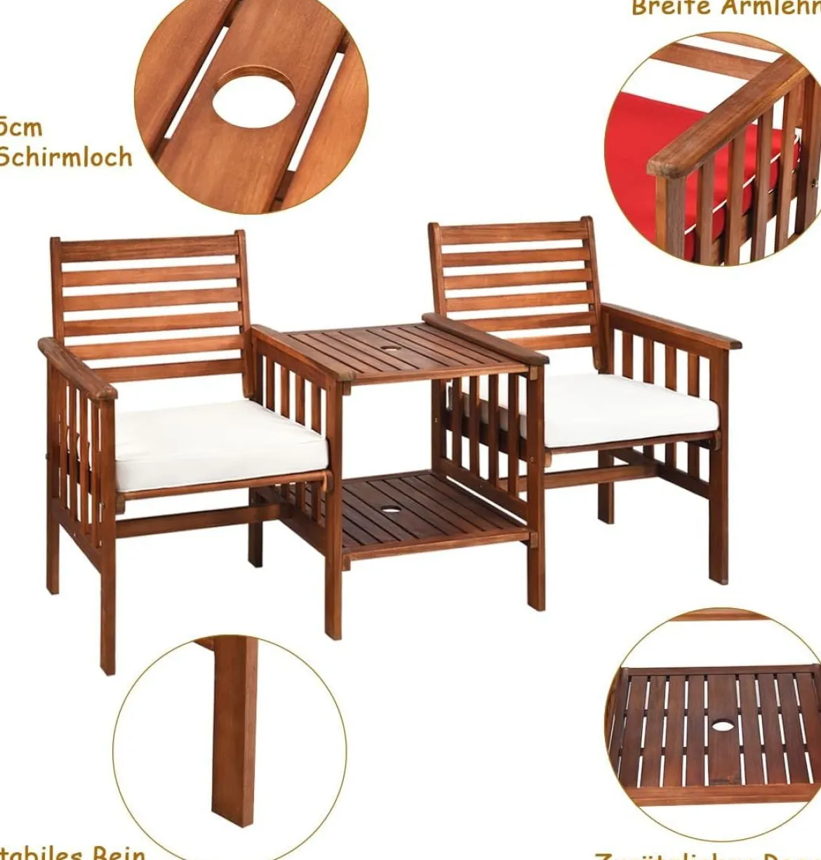 Gartenbank mit Tisch 2 Sitzer Holzbank mit Schirmloch & Sitzkissen Sitzbank Braun+Weiß