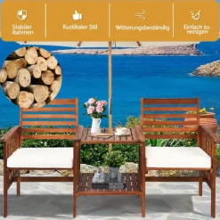 Gartenbank mit Tisch 2 Sitzer Holzbank mit Schirmloch & Sitzkissen Sitzbank Braun+Weiß