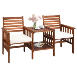Gartenbank mit Tisch 2 Sitzer Holzbank mit Schirmloch & Sitzkissen Sitzbank Braun+Weiß