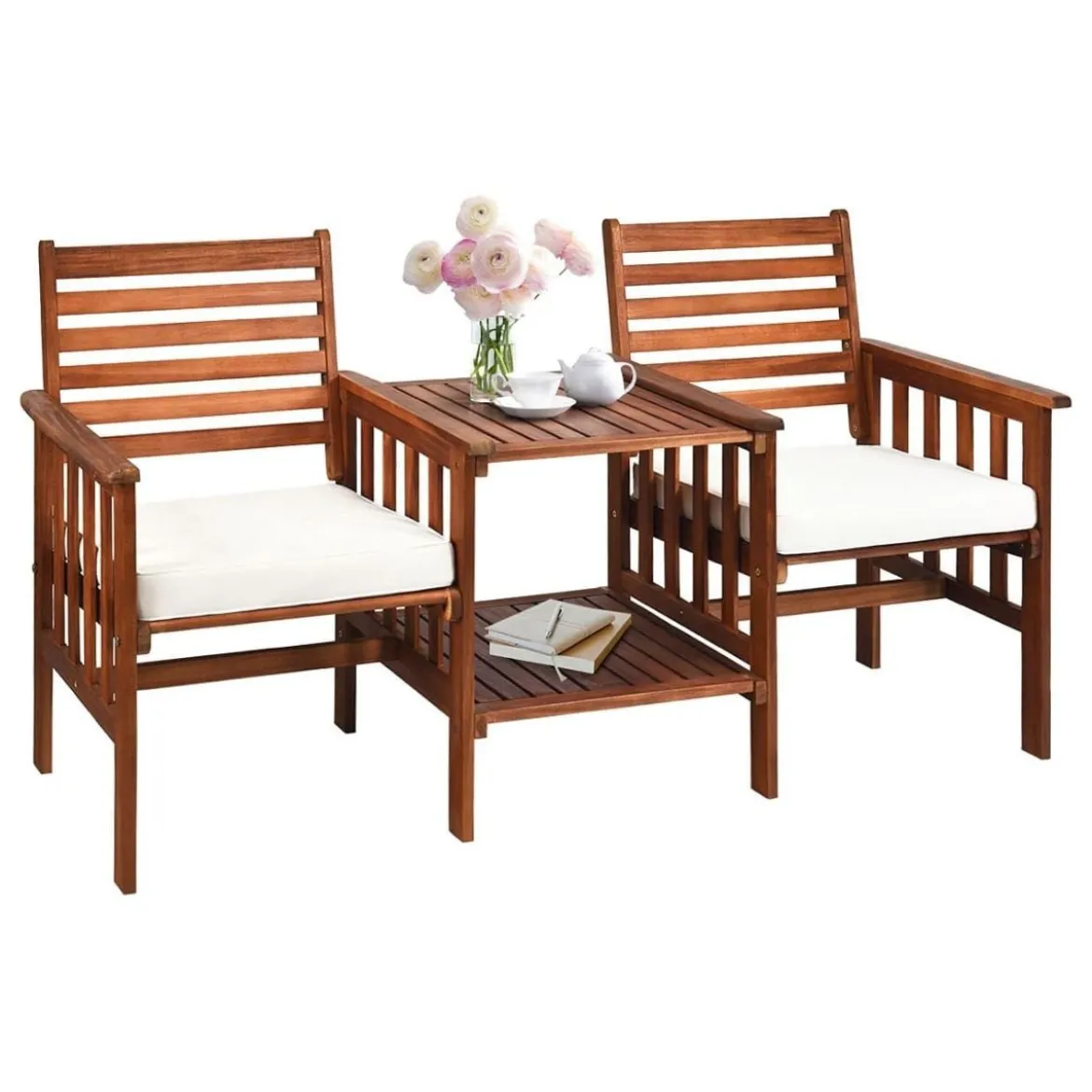 Gartenbank mit Tisch 2 Sitzer Holzbank mit Schirmloch & Sitzkissen Sitzbank Braun+Weiß