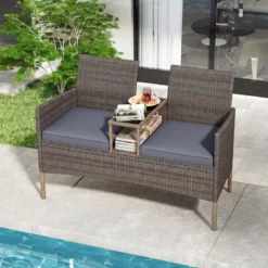 Gartenbank mit Tisch 2-Sitzer Polyrattan Sitzgruppe Sitzbank Gartenmöbel Terrassenmöbel Grau