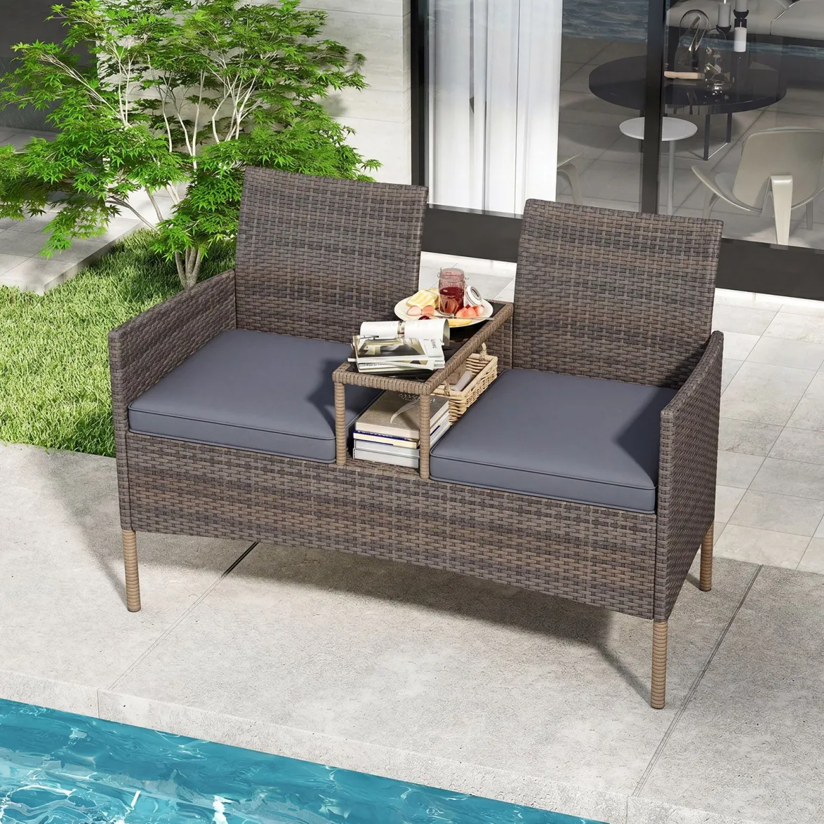 Gartenbank mit Tisch 2-Sitzer Polyrattan Sitzgruppe Sitzbank Gartenmöbel Terrassenmöbel Grau