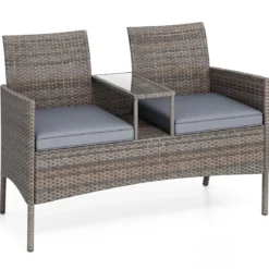 Gartenbank mit Tisch 2-Sitzer Polyrattan Sitzgruppe Sitzbank Gartenmöbel Terrassenmöbel Grau