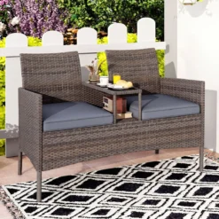 Gartenbank mit Tisch 2-Sitzer Polyrattan Sitzgruppe Sitzbank Gartenmöbel Terrassenmöbel Grau