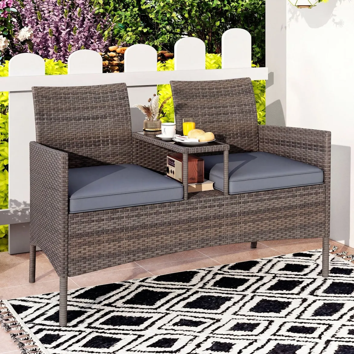 Gartenbank mit Tisch 2-Sitzer Polyrattan Sitzgruppe Sitzbank Gartenmöbel Terrassenmöbel Grau