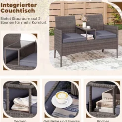 Gartenbank mit Tisch 2-Sitzer Polyrattan Sitzgruppe Sitzbank Gartenmöbel Terrassenmöbel Grau