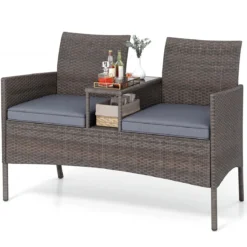 Gartenbank mit Tisch 2-Sitzer Polyrattan Sitzgruppe Sitzbank Gartenmöbel Terrassenmöbel Grau