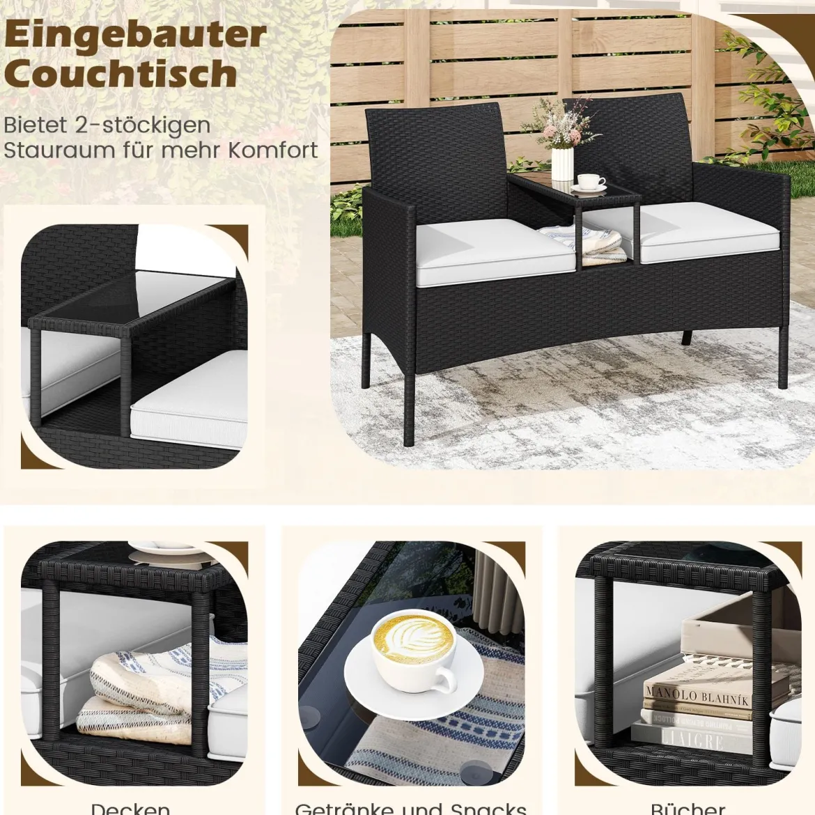 Gartenbank mit Tisch 2-Sitzer Polyrattan Sitzbank Sitzgruppe Gartenmöbel Terrassenmöbel Weiß