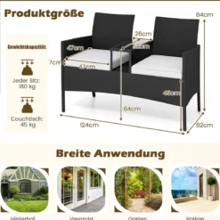 Gartenbank mit Tisch 2-Sitzer Polyrattan Sitzbank Sitzgruppe Gartenmöbel Terrassenmöbel Weiß