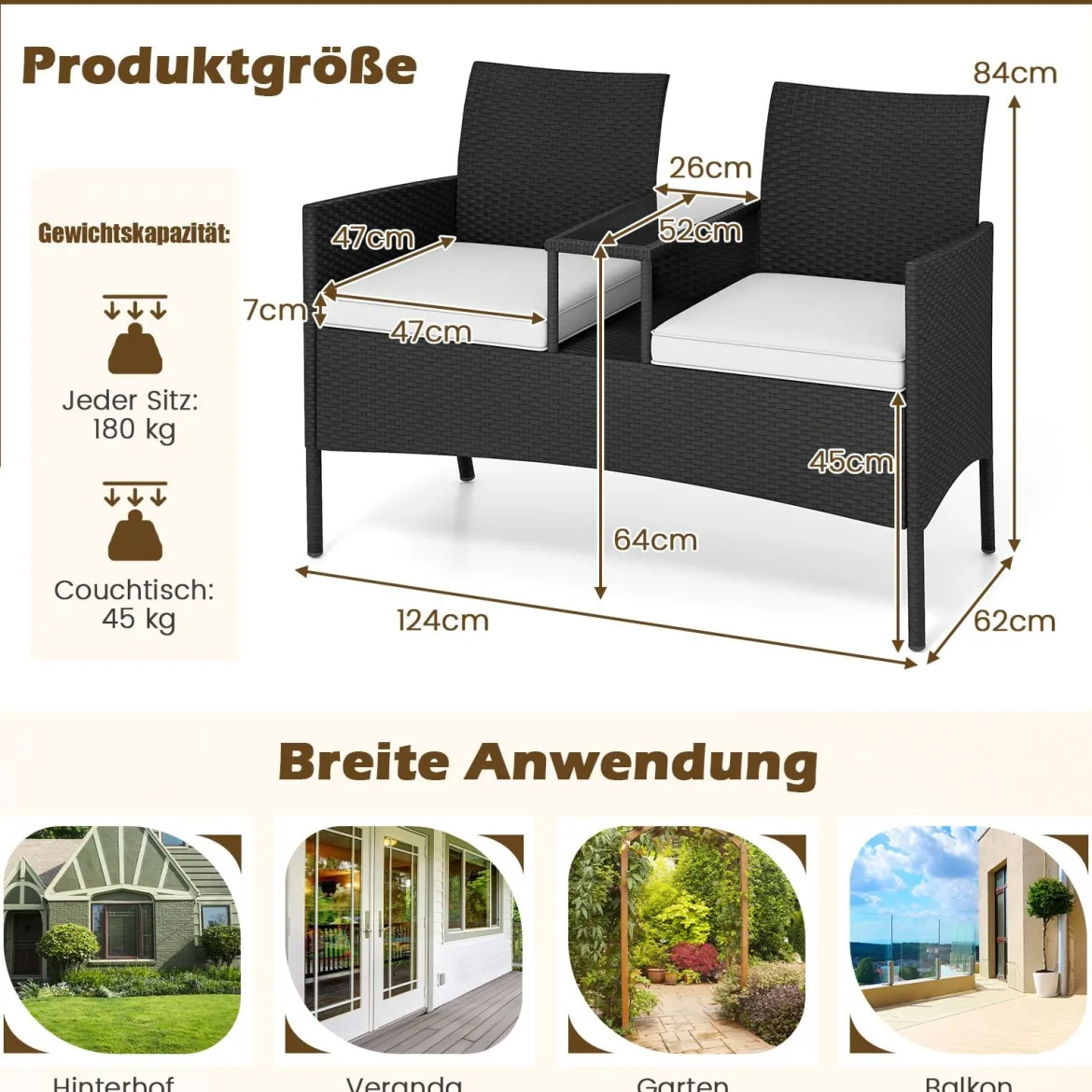 Gartenbank mit Tisch 2-Sitzer Polyrattan Sitzbank Sitzgruppe Gartenmöbel Terrassenmöbel Weiß