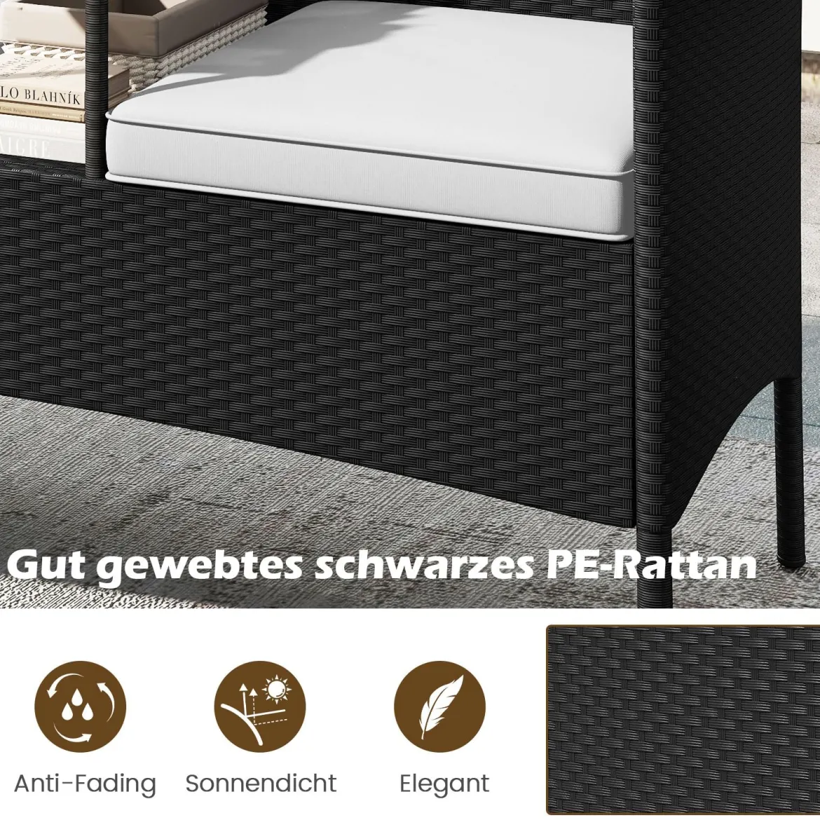 Gartenbank mit Tisch 2-Sitzer Polyrattan Sitzbank Sitzgruppe Gartenmöbel Terrassenmöbel Weiß