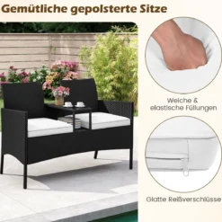 Gartenbank mit Tisch 2-Sitzer Polyrattan Sitzbank Sitzgruppe Gartenmöbel Terrassenmöbel Weiß
