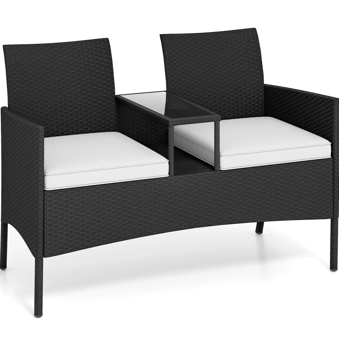 Gartenbank mit Tisch 2-Sitzer Polyrattan Sitzbank Sitzgruppe Gartenmöbel Terrassenmöbel Weiß