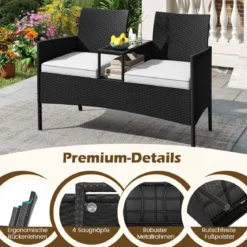Gartenbank mit Tisch 2-Sitzer Polyrattan Sitzbank Sitzgruppe Gartenmöbel Terrassenmöbel Weiß