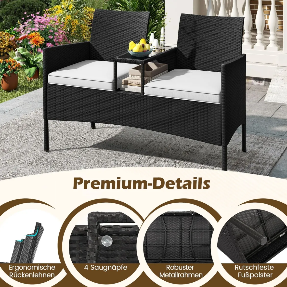 Gartenbank mit Tisch 2-Sitzer Polyrattan Sitzbank Sitzgruppe Gartenmöbel Terrassenmöbel Weiß