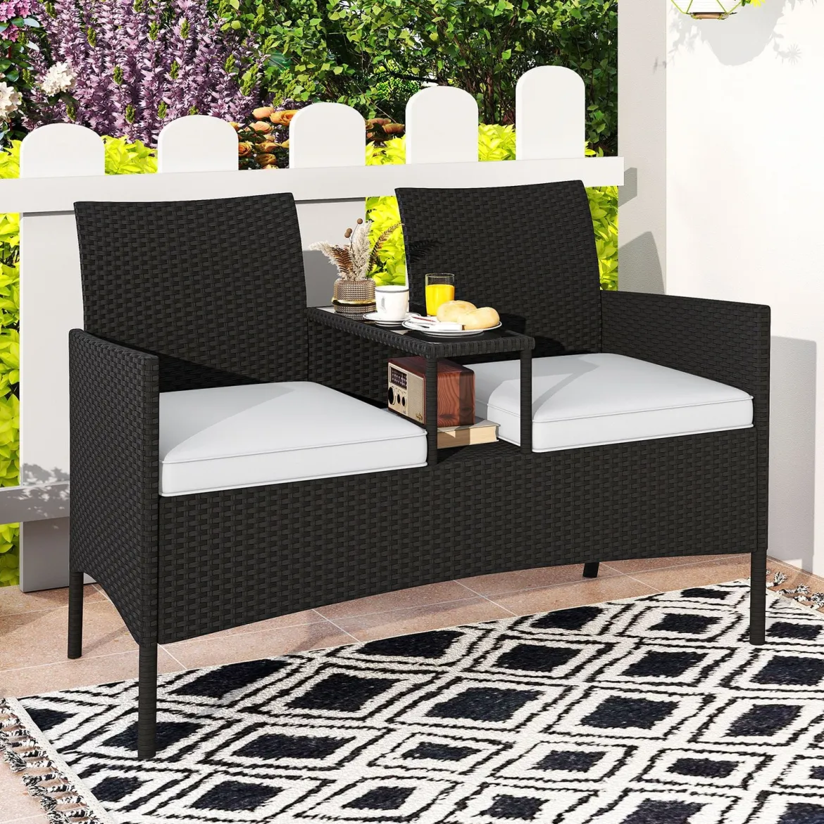 Gartenbank mit Tisch 2-Sitzer Polyrattan Sitzbank Sitzgruppe Gartenmöbel Terrassenmöbel Weiß