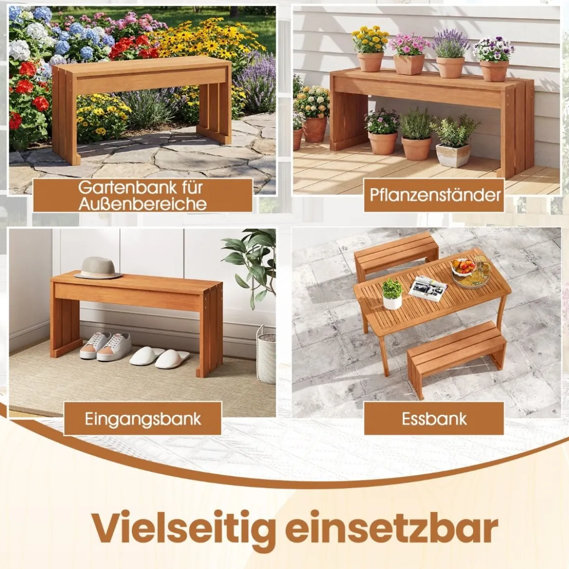 Gartenbank ohne Lehne Wetterfest Sitzbank aus Hartholz Balkonbank 50 x 40 x 81 cm Natur