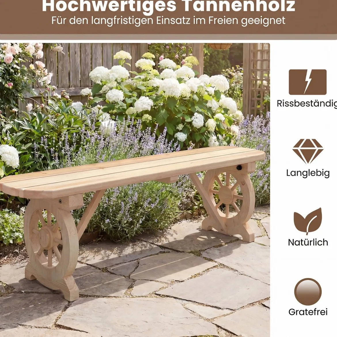 Gartenbank ohne Rückenlehne Wetterfeste Sitzbank Holzbank für 2-3 Sitzer bis 325 kg Belastbar Natur