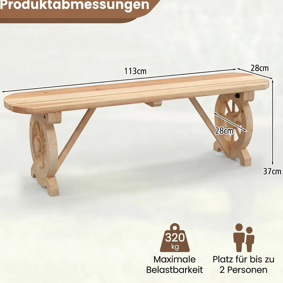 Gartenbank ohne Rückenlehne Wetterfeste Sitzbank Holzbank für 2-3 Sitzer bis 325 kg Belastbar Natur