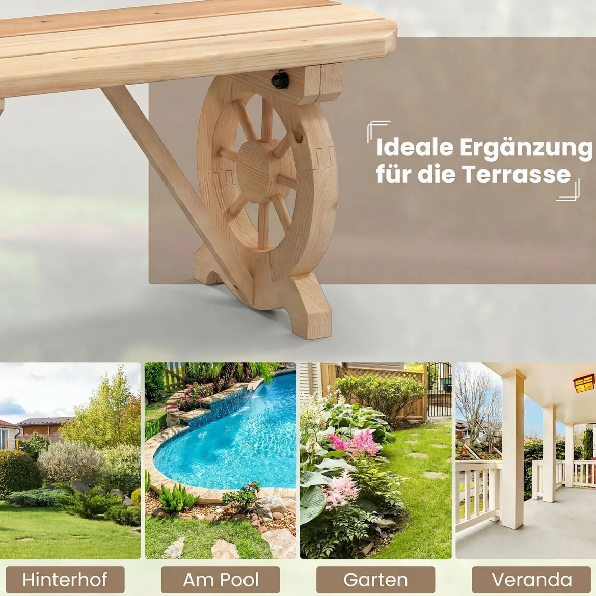 Gartenbank ohne Rückenlehne Wetterfeste Sitzbank Holzbank für 2-3 Sitzer bis 325 kg Belastbar Natur