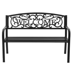 Gartenbank Parkbank mit WELCOME 3 Sitzer Metallbank GusseisenEisenbank Stahlrahmen 127 x 63,5 x 89 cm Schwarz