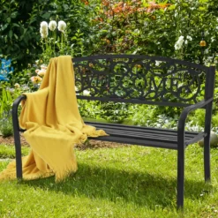 Gartenbank Parkbank mit WELCOME 3 Sitzer Metallbank GusseisenEisenbank Stahlrahmen 127 x 63,5 x 89 cm Schwarz