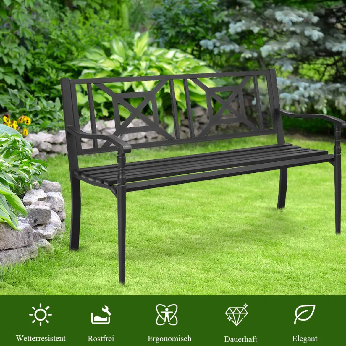 Gartenbank Parkbank Sitzbank Eisenbank mit Rückenlehne 128 x 63 x 82 cm Schwarz