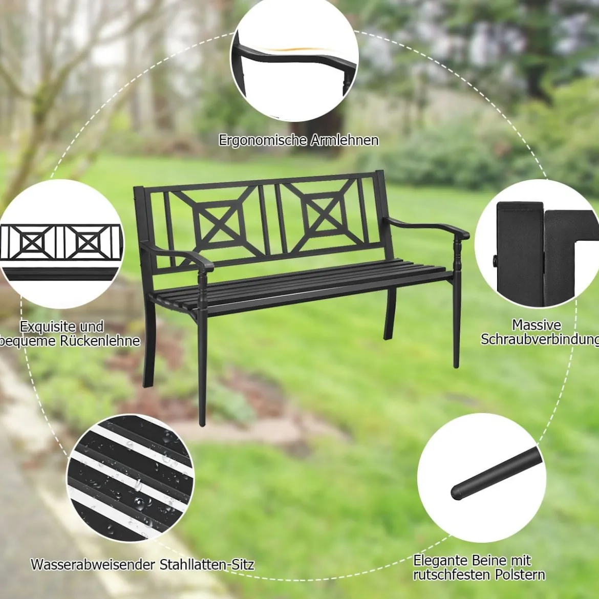 Gartenbank Parkbank Sitzbank Eisenbank mit Rückenlehne 128 x 63 x 82 cm Schwarz