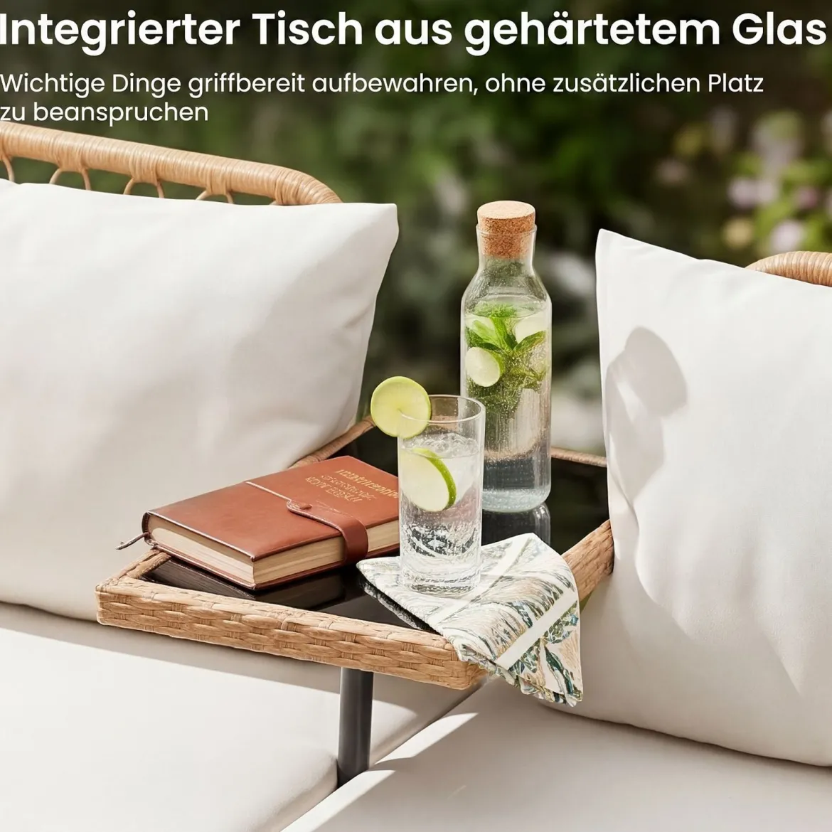 Gartenbank Polyrattan mit Kissen 2-Sitzer Balkonbank mit Hartglastisch Sitzbank 137x64x84 cm