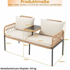 Gartenbank Polyrattan mit Kissen 2-Sitzer Balkonbank mit Hartglastisch Sitzbank 137x64x84 cm