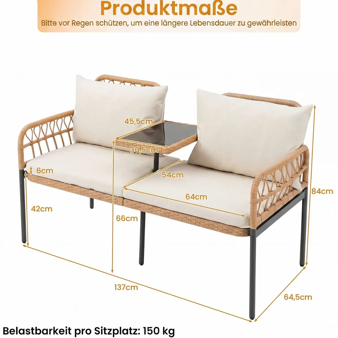 Gartenbank Polyrattan mit Kissen 2-Sitzer Balkonbank mit Hartglastisch Sitzbank 137x64x84 cm