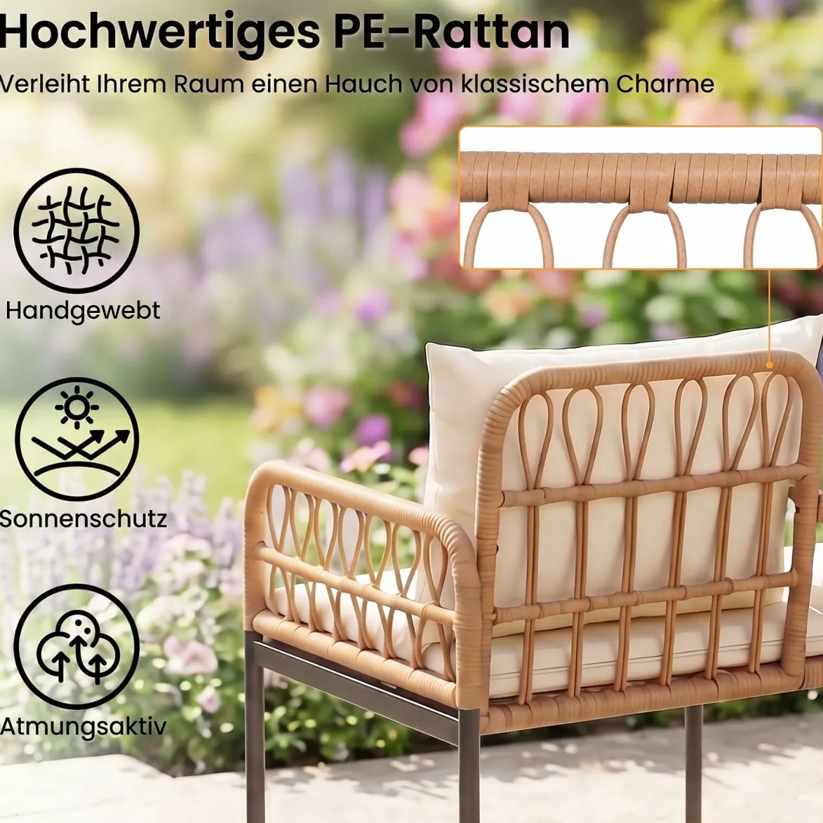 Gartenbank Polyrattan mit Kissen 2-Sitzer Balkonbank mit Hartglastisch Sitzbank 137x64x84 cm