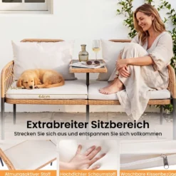 Gartenbank Polyrattan mit Kissen 2-Sitzer Balkonbank mit Hartglastisch Sitzbank 137x64x84 cm