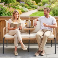 Gartenbank Polyrattan mit Kissen 2-Sitzer Balkonbank mit Hartglastisch Sitzbank 137x64x84 cm