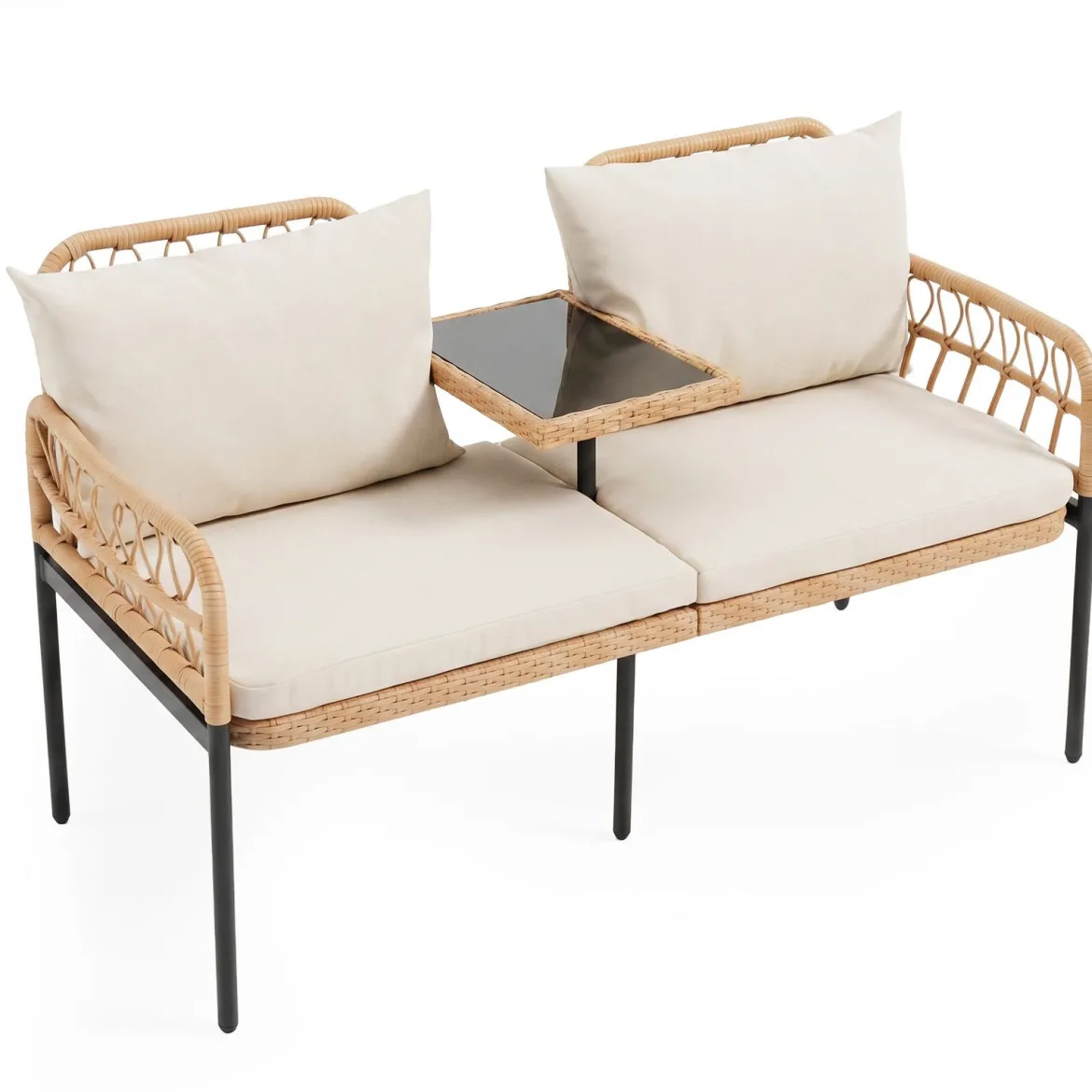 Gartenbank Polyrattan mit Kissen 2-Sitzer Balkonbank mit Hartglastisch Sitzbank 137x64x84 cm