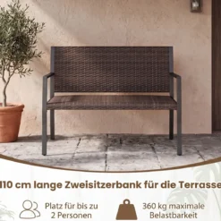 Gartenbank Rattan Outdoor Sitzbank mit Rückenlehne & Armlehnenfür 2 Personen Braun