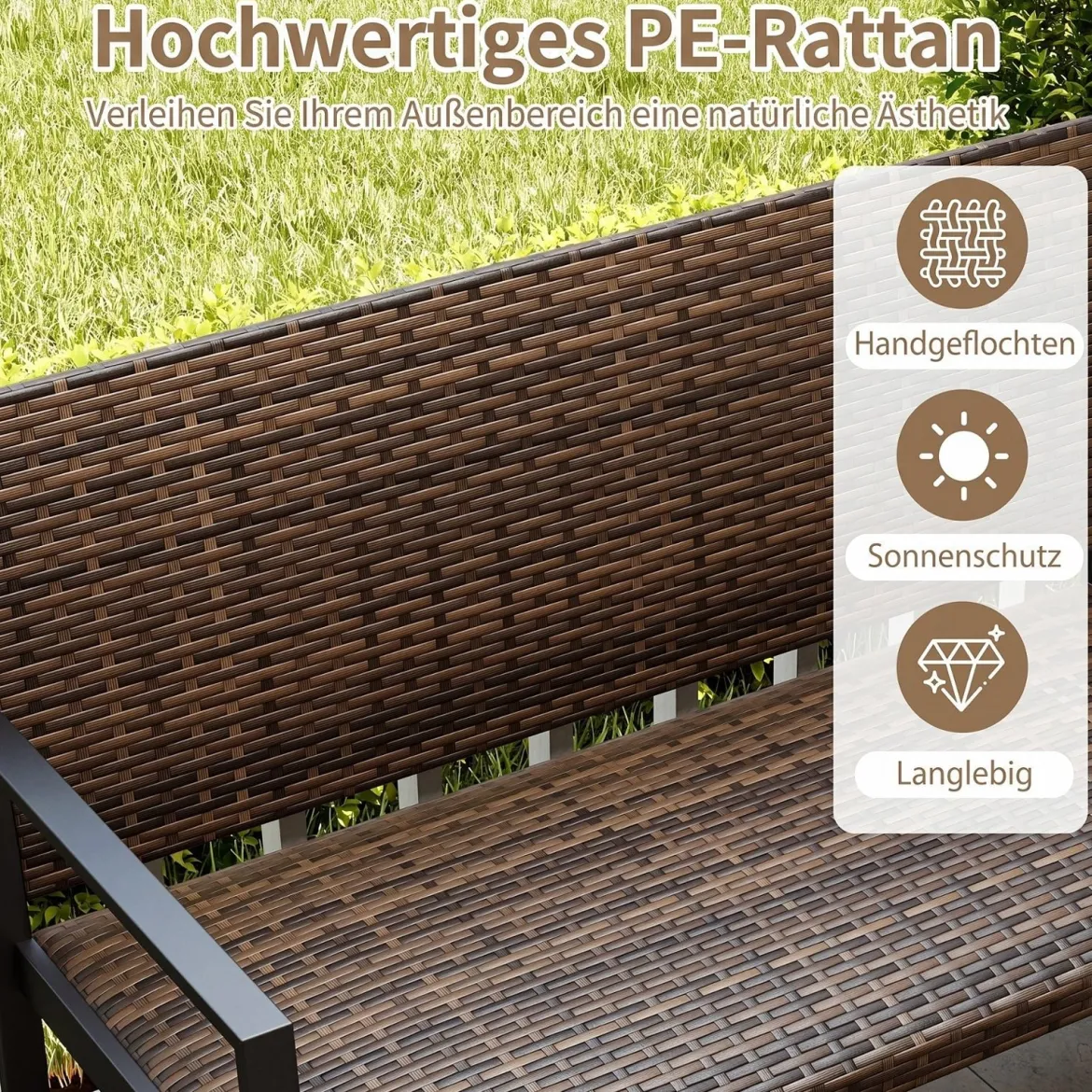 Gartenbank Rattan Outdoor Sitzbank mit Rückenlehne & Armlehnenfür 2 Personen Braun