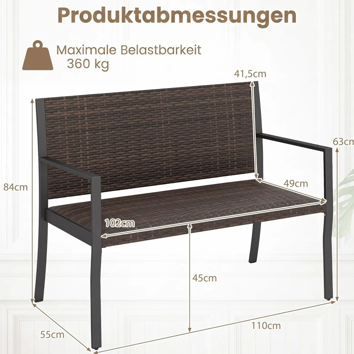 Gartenbank Rattan Outdoor Sitzbank mit Rückenlehne & Armlehnenfür 2 Personen Braun