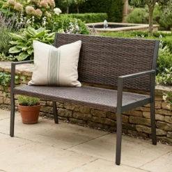 Gartenbank Rattan Outdoor Sitzbank mit Rückenlehne & Armlehnenfür 2 Personen Braun