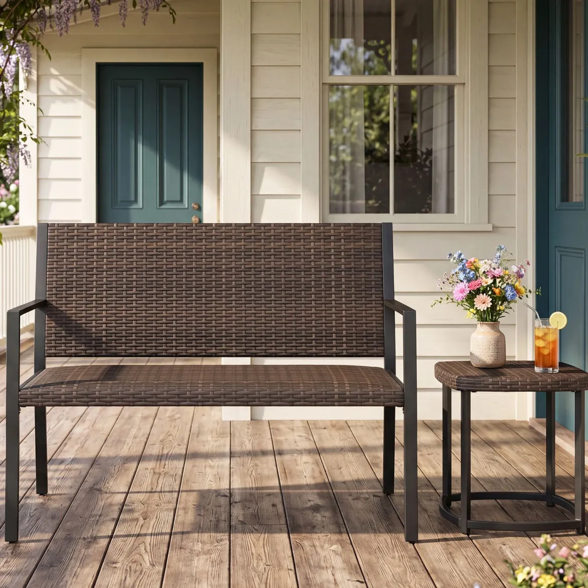 Gartenbank Rattan Outdoor Sitzbank mit Rückenlehne & Armlehnenfür 2 Personen Braun