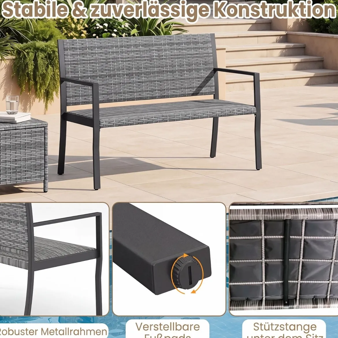 Gartenbank Rattan Outdoor Sitzbank mit Rückenlehne & Armlehnenfür 2 Personen Grau