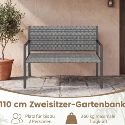 Gartenbank Rattan Outdoor Sitzbank mit Rückenlehne & Armlehnenfür 2 Personen Grau